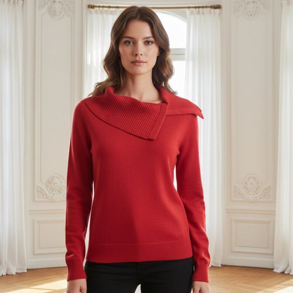 NWT Rafaella Red Cowl Neck Sweater Faux Pearl Jeweled Sleeves Size Medium